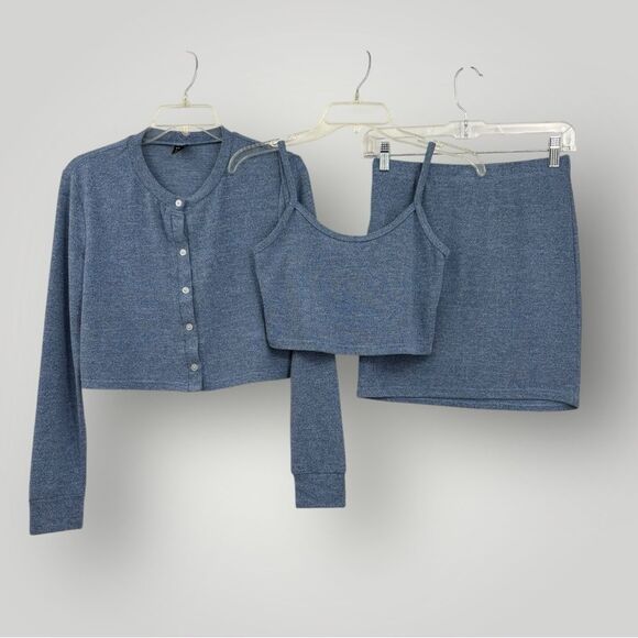 SHEIN 3-Pc Knit Set Cardigan Skirt and Tank in Blue Women’s Size S - Picture 1 of 8